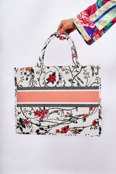 Poșetă clasică mare în model alb și portocaliu micola