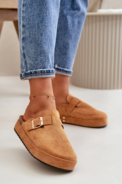 Damen Plattform Clogs Mit Goldener Schnalle Camel Terilaina