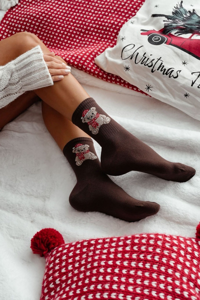 Chaussettes de Noël pour Femmes Ourse En Chapeau de Père Noël Chocolat