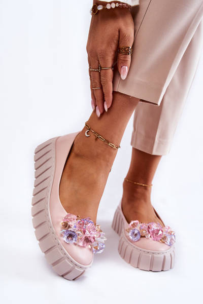 Leder Ballerinas Auf Einem Plateau Mit Bunter Verzierung Rosa Ladette