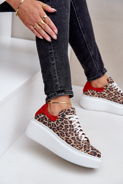 Leather Platform Sneakers With Leopard Print Zazoo 3346 Brown-Red