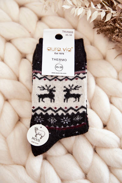 Damen-Weihnachts-Wollsocken Rentiermuster Schwarz