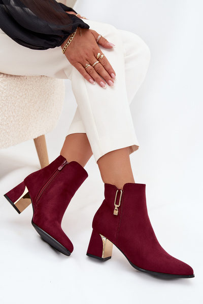 Botine pentru femei cu toc înalt cu detalii aurii Bordeaux Kalivra