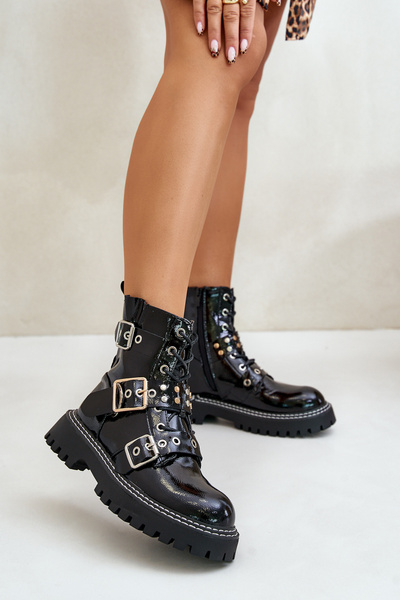 Bottes Worker Laquées Avec Boucles Noir Serizia