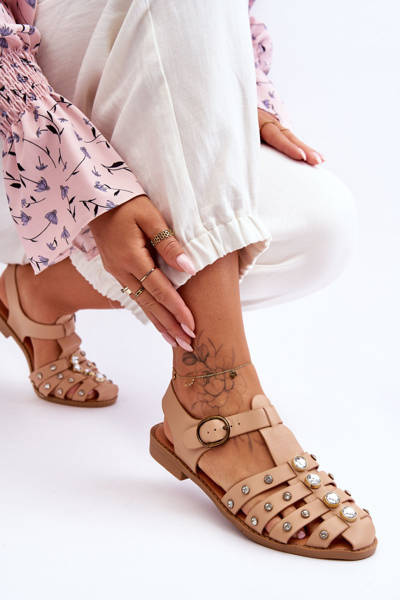 Flache Damensandalen mit Zirkonen Beige Ascot