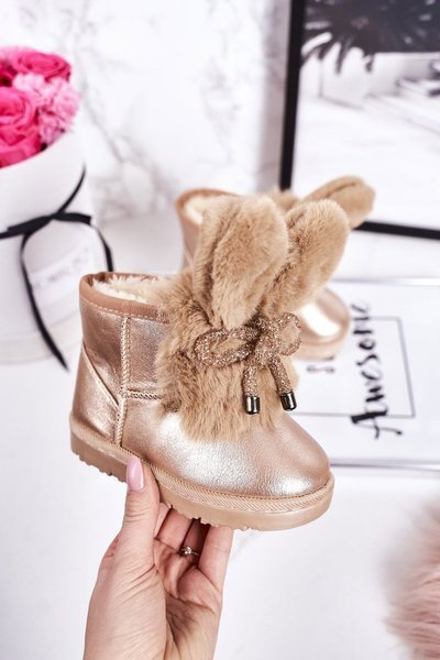 Fleece-gefütterte Kinder-Schneestiefel mit Ohren Rosa-Gold-Häschen