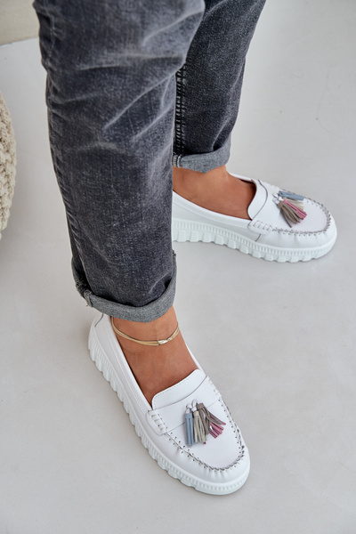 Mocassins en cuir pour femmes avec franges sur plateforme et talon compensé blancs Eleazetta