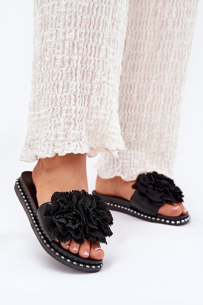 Sandales Femme Avec Fleurs En Tissu Noires Elachase