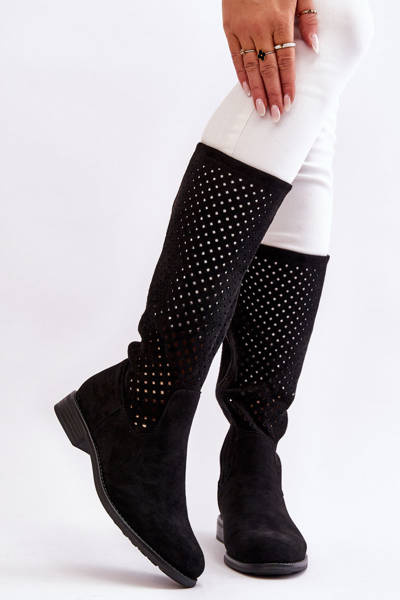 Durchbrochene Overknee-Stiefel aus Wildleder für Damen Schwarz Savannah
