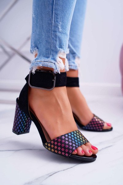 Sandale de stiletto pentru femei din piele de căprioară neagră geometrică