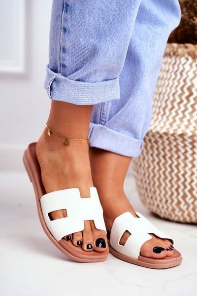 Diapozitivele pentru femei Geometric Classic White Teodora