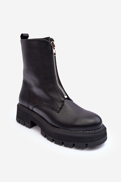 Lederstiefel Mit Reissverschluss Auf Flacher Absatzsohle Schwarze Vimal