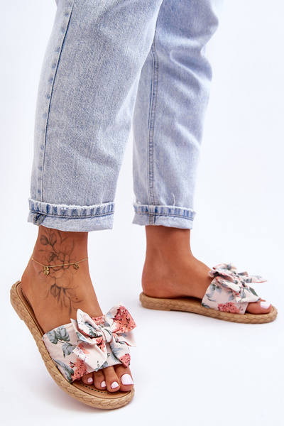 Damenhausschuhe mit Stoffschleife Beige Blossom
