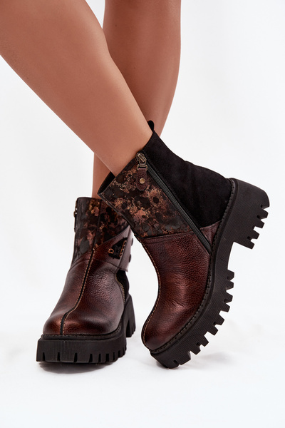 Leather Insulated Ankle Boots On Platform And Flat Heel Maciejka 06140-02 Brown