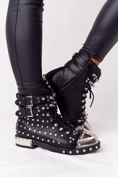 Women's Rhinestone Isolierte Worker Stiefel Schwarz Lu Boo