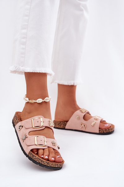 Sandales pour femmes sur semelle en liège avec boucles et ornements rose clair Efadelis