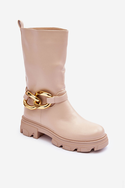Bottines en Cuir à Talon Plat Beige Diominna