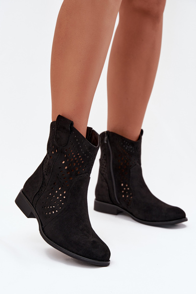 Openwork Women's Ankle Boots Flat Heel Black Amisna