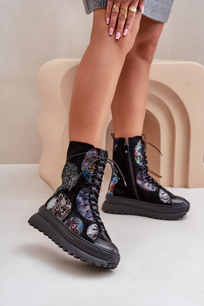 Bottines Cuir Daim Sur Plateforme Noir Chaud 06565-01