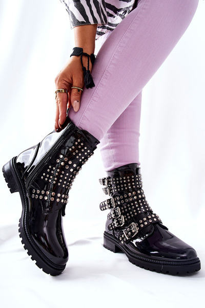 Bottes Laquées À Rayures Noir Marchelli