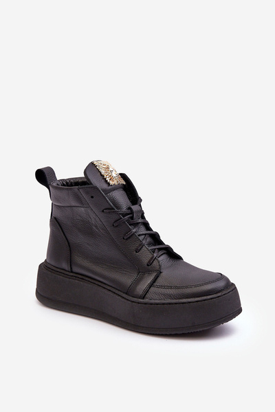 Women's Laced Boots with Leather Decoration Black Nicole 2833