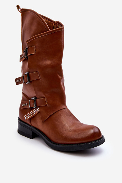 Damen Lederstiefel Auf Flachem Absatz Braun Nyreo