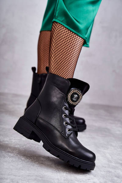 Warme Lederstiefel mit Verzierung schwarze Blandi