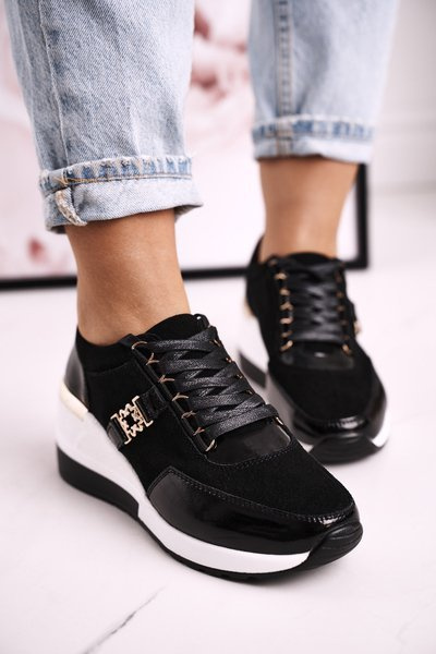 Baskets compensées en cuir pour femme Noir Or Roxette
