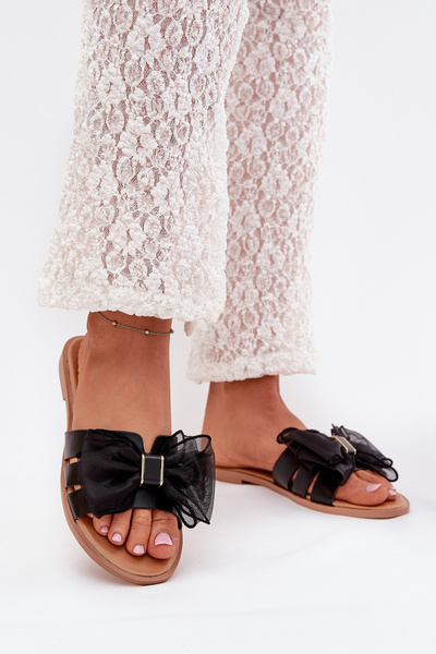 Damen Slipper Mit Flachem Absatz Und Tüllschleife Schwarz Tanira