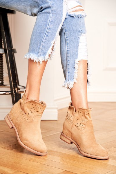Bottines Ajourées En Daim À Talon Plat Pour Femme Beige Raffe