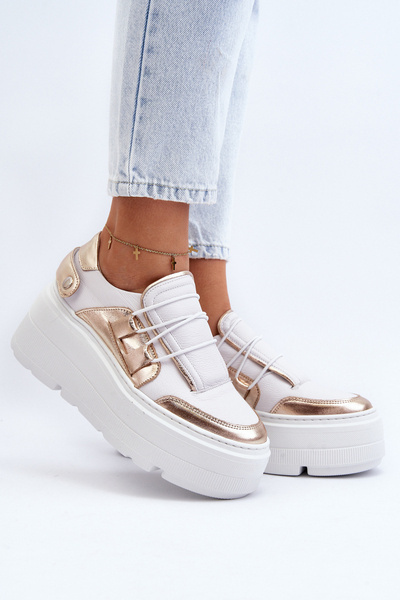 Zazoo 1833 Sneakers dama din piele cu talpa masiva alb-auriu