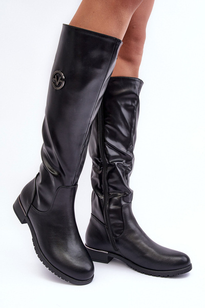 Bottines En Cuir Pour Femmes Talon Plat Noir Albuna