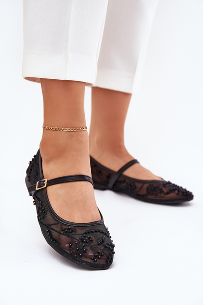 Mesh Ballet Flats With Embroidery And Decoration Black Tillilora