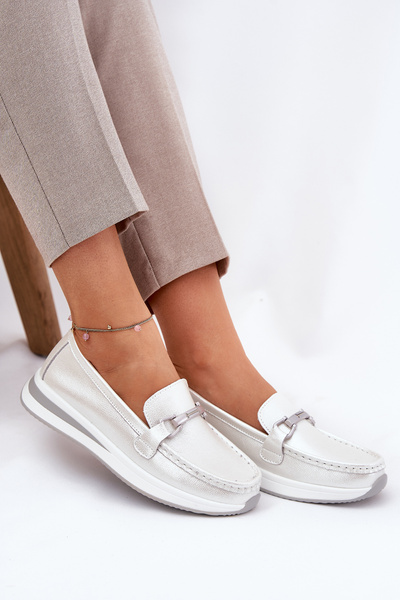 Mocassins En Cuir Pour Femmes Avec Décoration D&A LR51-966 Argenté