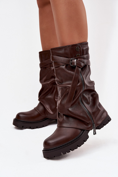 Bottes Femme à Tige Retournee Mi-Mollet avec Sangle Chocolat Darisa