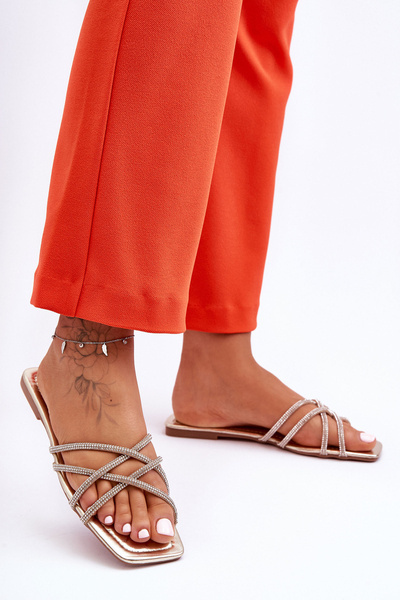 Papuci femei cu strasuri Leomi auriu