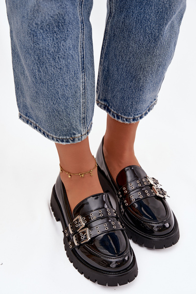 Patent Leather Ladies Moccasins With Straps And Silver Buckles Black Gabrisse