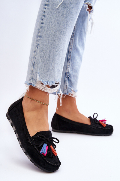 Suede Loafers With Bow And Fringes Black Dorine