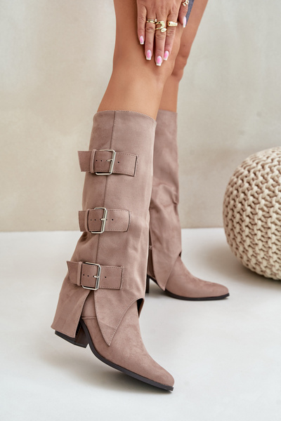 Bottes à talons hauts avec tige pliée et boucles Beige Vamissa