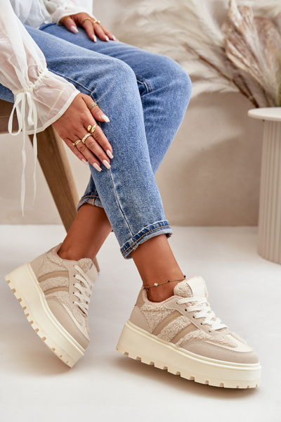 Baskets Plateforme Femme Chaudes avec Fourrure Beige Daivlene