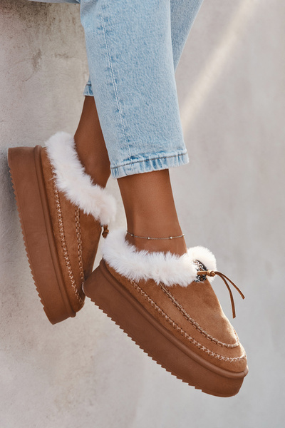 Damenschuhe Schneestiefel Auf Plattform Mit Fell Und Nähten Camel Kellina