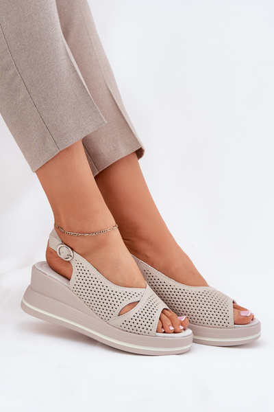 Sandales En Cuir Pour Femmes À Talon Compensé S.Barski LR51-660 Beige
