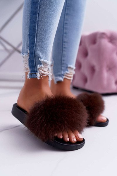 Women's Flip Flops with Natural Fur Coffee Naturis