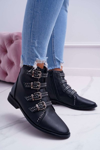Women's Rivet Buckle Boots Black Berugio