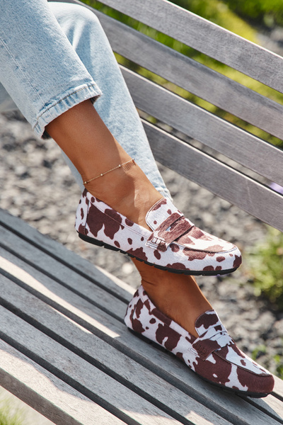 Mocassins Loafers Femmes Plates En Taches Marron et Blanc Soreline