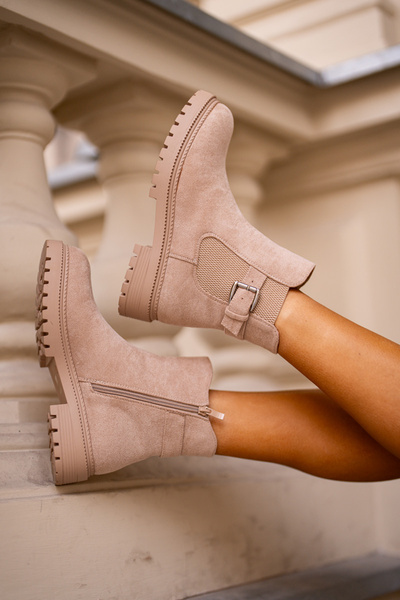 Warmes Chelsea-Boots mit Reißverschluss und Schnalle beige Kikiella