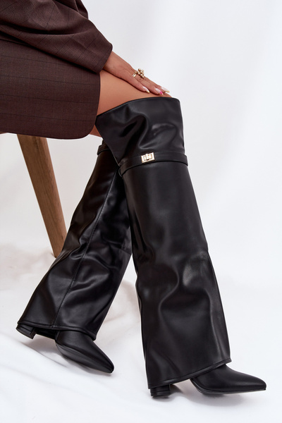Isolierte Stiefel mit umgeschlagener Schaft bis zum Knie Absatz Block schwarz Serelle