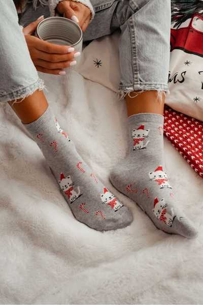 Damen Weihnachts Socks Katzen Grau