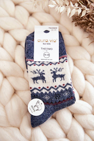 Chaussettes de Noël Femme en Laine Motif Renne Bleu marine