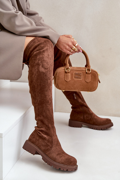 Bottes Hautes À Talon Plat En Eco Daim Marron Arkelia